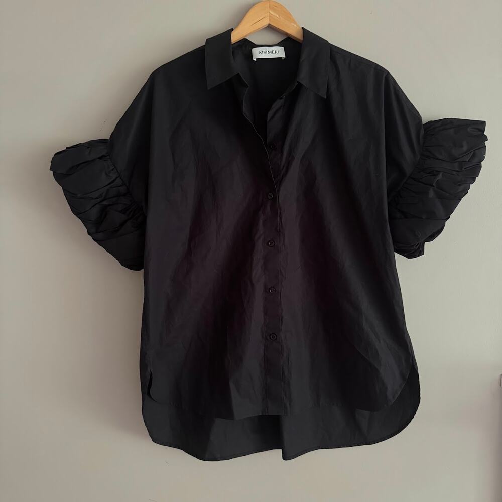 MEIMEIJ Puff Sleeve Cotton Blouse Top Black IT 44 US M